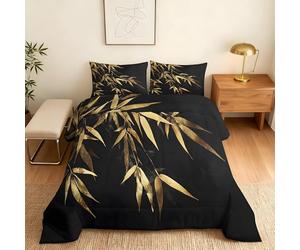 Black and Gold Leaf Pattern Single Duvet Coverless, Reversible Design, Tropical Plant Leaves Comforter & 2 Pillow Cases for Bedroom Decor, 10.5 Tog Ultra Soft Microfibre, All Seasons sm1190
