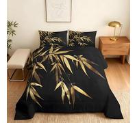 Black and Gold Leaf Pattern Small Double Duvet Set with 2 Pillowcases Coverless Duvet with Tropical Plant Leaves Washable Reversible All Seasons Lightweight Warm Microfibre - 150 x 22cm sm1191