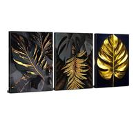 Black and Gold Leaves Wall Art Abstract Botanical Prints Art Wall Pictures Tropical Plant Leaf Canvas Paintings Marble Textured Plant Artwork Living Room Bathroom Office Home Decorations 30x40cm 3Pcs