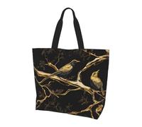 Black and Gold Marble Bird Print Large Women Tote Bag,Stylish Waterproof Ladies Shoulder Bag, Folding Beach Travel Bag for Work,Shopping