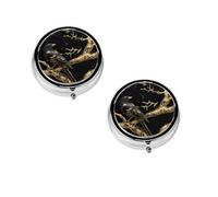 (Black and Gold Marble Bird) Round Pill Box with 3 Compartment Small Pill Organizer Portable Pill Case Vitamin Containers, Travel Essentials 4.6x4.6x1.8 cm