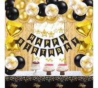 Black and Gold Party Decorations, Black and Gold Balloons Birthday Decorations, Happy Birthday Banner Golden Fringe Curtain Tablecloth Hanging Swirls Heart Star Foil Confetti Balloons