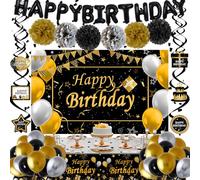 Black and Gold Party Decorations for Men Boys Women, Black and Gold Balloons Birthday Decorations Happy Birthday Balloon Banner Backdrop Table Cloth Pom Poms 18th 21st 30th 40th 50th 60th 70th Party