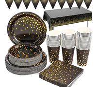 Black and Gold Party Supplies 99 Pieces Golden Dot Party Tableware Includes Paper Plates, Napkins, 9oz Cups, Tablecloth, Banner, for Birthday, Anniversary, Graduation, New Years Eve, Serves 24