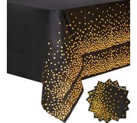 Black and Gold Rectangular Party Table Cover Set, 137 x 274 cm, 21 Pieces | Includes 1 tablecloth and 20 matching napkins, scattered gold dot edging, for birthdays, weddings, graduations and dinners