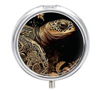 Black and Gold Sea Turtle Pattern Pill Box Medicine Pill Organizer 3 Compartment Daily Pill Case Small Pill Container Round Pill Holder Travel Pill Box Metal Pill Case for Purse Pocket