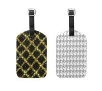 Black and Gold Sequined Checkered Pattern Classical Gray Grey White Houndstooth 2 Pcs Luggage Tags Cruise Essentials Travel Luggage Tag with Name ID Card for Airplane