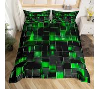 Black and Green Duvet Cover Modern Geometric Comforter Cover Gradient Neon Cubes Boys Double Bedding Set,Abstract Square Plaid Bed Set Lattice Wall Brick Decor,Black Reversible