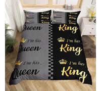(Black and Grey, Single(No Comforter)) King and Queen Crown Duvet Cover Black White Mr Mrs Double Bedding Set For Adults Men Women,His And Hers Couple Comforter Cover Valentine'S Day