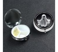 Black and Halloween Ghost Pill Box 3 Compartment Round Metal Pill Case for Purse & Pocket, Portable Medicine Organizer Travel Pillbox Daily Pill Container Holder to Hold Vitamins, Fish Oil