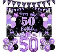 Black and Purple 50th Birthday Decorations - Backdrop Banner for Women and Men With Bunting Flag, Foil Balloons for Her Him