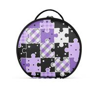 Black and Purple Creative Puzzle Check Pattern Toiletry Bag with Compartments & Handle Essentials Cosmetic Bag For Women with adjustable dividers 11 IN