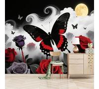 Black and Red Butterfly and Flower Wallpaper Mural 150x130cm White Smoke Texture Pattern Wallpaper 3D Silk Mural Office Bedroom Living Room Apartment Not Self-Adhesive