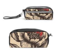 Black And Red Flowers Pencil Case Large Capacity Leather Pencil Pouch with Zipper, Portable Small Makeup Bag, Office Supplies Organizer for Women Men