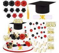 Black and Red Graduation Cake Decorations Class of 2026, Congrats Grad Topper Decor Kit with Cap Diploma Flowers Balls Butterflies Party Supplies