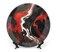 Black And Red Marble Decorative Plate with Stand - Bone China Ornamental Ceramic Display Plate for Wall Hanging And Tabletop Decor, Gift for Home, Office, Bohemian Style Dinner Dish 6inch
