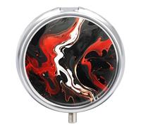 Black and Red Marble Pill Box Round Portable Small Pill Case Waterproof Travel Pill Box Organizer for Pocket Purse and Daily Convenience