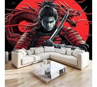 Black and Red Photo Mural- 200 x 140 cm Non-Woven Premium Fleece Wall Wallpaper- Black-Haired Samurai Mythical Dragon Bedroom Living Room Decoration Poster