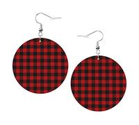 Black And Red Plaid Earrings Ocean Round Shape Leather Earring Lightweight Dangle Women Girls Jewelry Perfect For Everyday Wear