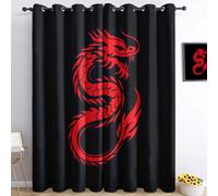Black And Red Thermal Curtains for Bedroom, Printed Oriental Fantasy Red Dragon Blackout Eyelet Curtains W 46" x L 54" (2 Panels) Thermal Insulated Printed Curtains, for Study Office