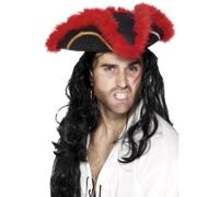 Black And Red Tricorn Pirate Red Feather Hat