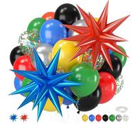 Black and Red Yellow Blue Balloons, 12 Inch Black Red Yellow Blue Green Metallic Silver Confetti Balloons with Star Foil Balloon for Kids Boys Graduation Birthday Baby Shower Party Decorations