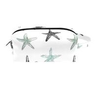 Black and Sage Green Starfish on White Background Women Cosmetic Storage Bag, Hanging Makeup Toiletry Bag, Portable Leather Travel Bag School Pencil Case