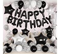 Black and Silver Birthday Decorations for White Black Silver Metallic Print Party Balloons Confetti Balloon Happy Birthday Banner 18/10 Inch Heart Balloons Star Balloon for Men Bday Party Supplies
