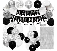 Black and Silver Birthday Party Decorations, Black Happy Birthday Balloons and Birthday Banner Silver Fringe Curtain and Star Foil Balloons Latex Balloons for Birthday Party Supplies Women Men