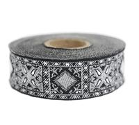Black and Silver Geometric Woven Jacquard Ribbon 10m x 25mm - Roll Embroidered Ribbon for Sewing Decoration 25587-V1