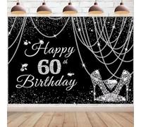 Black and Silver Happy 60th Birthday Backdrop Print Wall Decorations Backdrop Party Background Pearls High Heels Background 60 Years Old Party Decoration