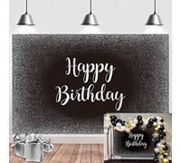 Black and Silver Happy Birthday Backdrop Grey Glitter Photography Background Men Women Adult Birthday Decoration Supplies 7x5FT