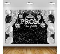 Black and Silver Prom Backdrop 2026 7×5Ft Black Silver Glitter Prom Backdrops for Photoshoot Neon Light Ball Send Off Graduation Banner for Class Off 2026 Party Decorations 84×60inch