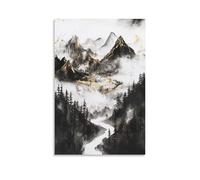 Black And White Abstract Wall Art, Pine Tree Mountain Watercolor Forest Canvas Hanging Paintings Poster Vintage Black Gold Artwork for Living Room Bedroom Moder 12x18inch(30x45cm)