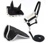 Black and White Accessory Set for Hobby Horse and Horse Stick: Black Squishy Headcollar with Lanyard + Black Cover + Black Fly Hat