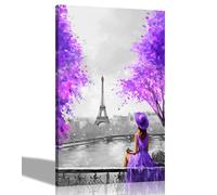 Black and White Alone and Blissful in Paris Purple Canvas Art Pictures for Wall Home Decor Hanging Prints Abstract City Artwork for Living Room 60 x 40cm (24 x 16 inches) A2