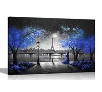 Black and White Alone at Night in Paris Blue Canvas Art Pictures for Wall Home Decor Hanging Prints Abstract Artwork for Living Room 60 x 40cm (24 x 16 inches) A2