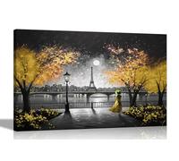 Black and White Alone at Night in Paris Yellow Extra Large Contemporary Canvas Wall Art Prints for Vibrant Living Room Décor Colourful Pictures 101 x 76cm (40 x 30 inches)
