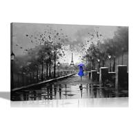 Black and White Alone on a Wet Paris Day Blue Abstract Canvas Wall Art for Living Room, Bedroom - Ready to Hang Prints - City Pictures 60 x 40cm (24 x 16 inches) A2