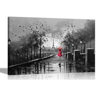 Black and White Alone on a Wet Paris Day Red Extra Large Colourful Canvas Wall Art for Living Room | Abstract Pictures and Prints Ready to Hang 101 x 76cm (40 x 30 inches)