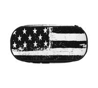 Black And White American Flag Double Zipper Pencil Case Makeup Bag,Large Capacity Crush-Resistant Polyester Organizer With 4 Pen Slots And Mesh Pocket For School Office Travel (Full Print Design)