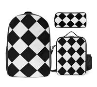 Black and White Argyle 3 Pieces Set Laptop Backpack Casual Daypack with Lunch Box Pencil Case for Travel