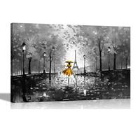 Black and White Autumn Stroll in Paris Yellow Large Colourful Canvas Pictures for Living Room - Wall Art for Bedroom, Hallway - Modern 86 x 61cm (34 x 24 inches) A1