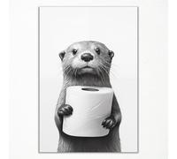 Black and White Bathroom Canvas Wall Art, Funny Bathroom Poster Animal Picture for Wall, Cute Otter Holding A Roll of Toilet Paper Picture, Adorable Restroom Guestroom Wall Decor 16x24in Unframed