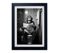 Black and White Bathroom Wall Art Monkey Reading Newspaper Toilet Humor Decor Funny Bathroom Wall Decor Framed Animal Canvas Print Artwork
