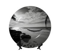 Black And White Beach Ceramic Decorative Plates Bone China Decorative Plate With Display Stand Handmade Ceramic Ornament Personality Porcelain Dinner Plate Crafts For Home Office Wall Decoration 25cm
