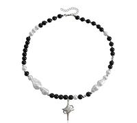 Black And White Beaded Crossed Four-pointed Star Necklace Simple Versatile Chain Female Alloy Collarbone Chain Black And White Beaded Necklace