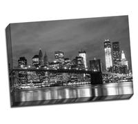 Black And White Brooklyn Bridge And Manhattan Skyline At Night, New York City Canvas Art Print Poster 30"X 20" Inches
