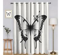 Black-and-White Butterfly Curtains for Living Room Bedroom, Thermal Insulated Eyelet Curtain, Light Beige Patterned Blackout Curtains, 90 Drop Window Treatments Drapes, W 90" x L 90" (2 Panels) SA769