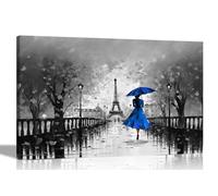 Black and White Calm Of The Rain in Paris Blue Abstract Canvas Wall Art for Living Room, Bedroom - Ready to Hang Prints - City Pictures 40 x 30cm (16 x 12 inches) A3